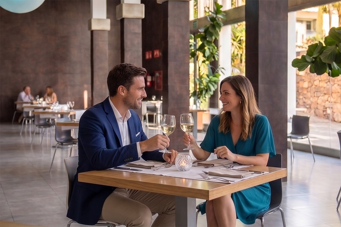 R2 Hôtels : Couple dans un dîner romantique en plein air, tables décorées.
