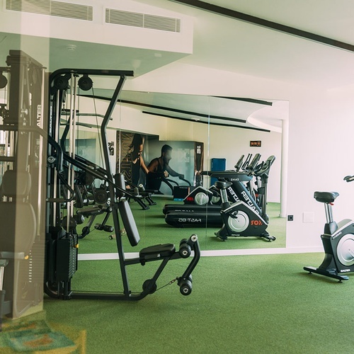 Gimnasio en 001 Hotels: Corporativa con equipos modernos y vista al exterior.