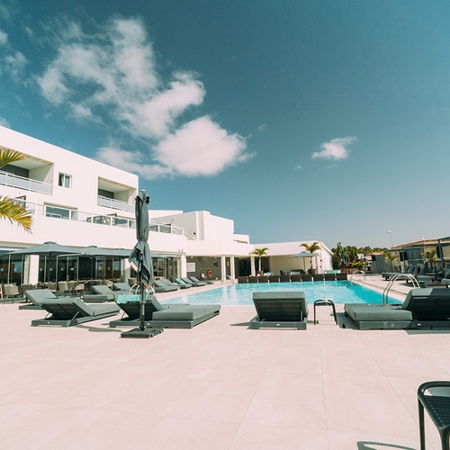 001 Hotels Corporativa: modernas tumbonas junto a la piscina con palmera y edificio blanco.