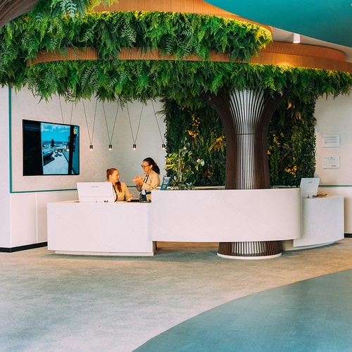 Recepción moderna 001 Hotels: Corporativa con decoración natural y verde.