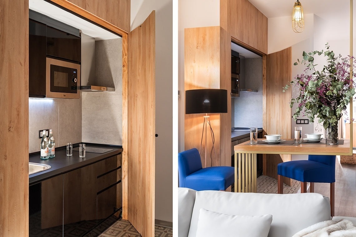 dos fotos de una cocina y una mesa de comedor
