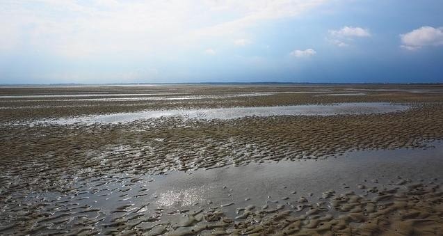 una playa de arena con un cielo nublado en el fondo