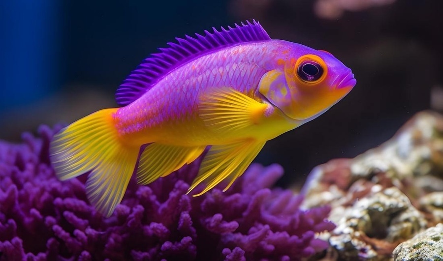 un pez morado y amarillo nadando en un arrecife de coral púrpura