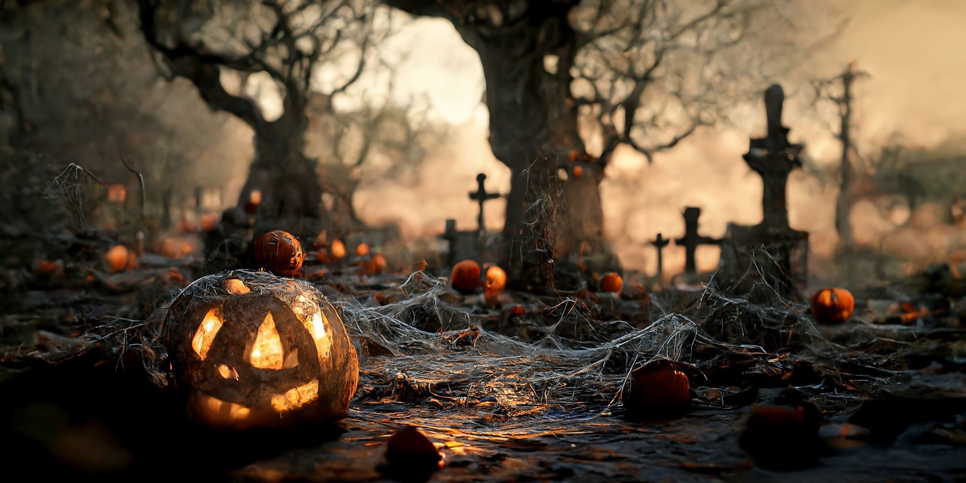 un cementerio con calabazas y arañas en el suelo