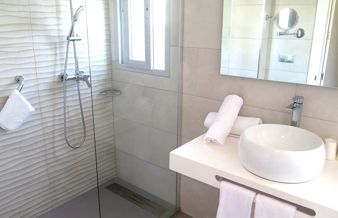 a bathroom with a sink a mirror and a shower