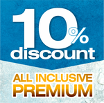 een blauw-witte sticker met de tekst 10 % korting all-inclusive premium