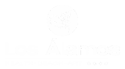 the los alamos health beach art logo is white on a black background .