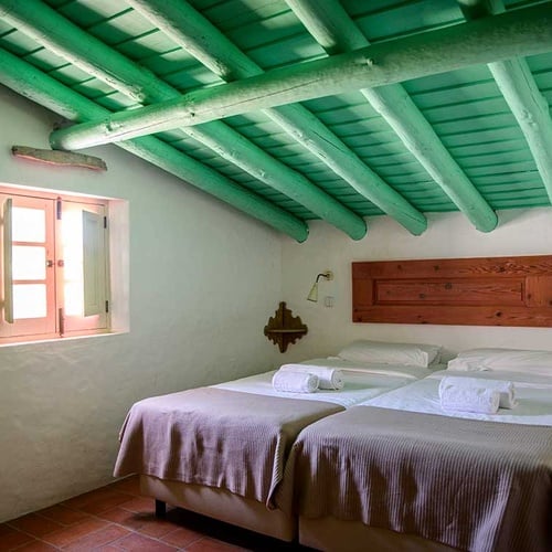 Cozy twin beds in an Aldeia da Pedralva room with a green-painted ceiling.