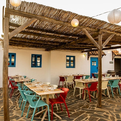 a restaurant with tables and chairs under a pergola with a sign that says terra