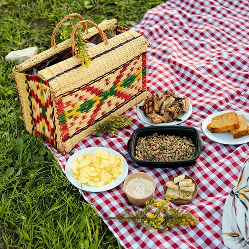a picnic blanket with plates of food and a basket