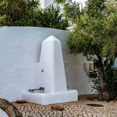 Traditional fountain with olive tree at Aldeia da Pedralva.