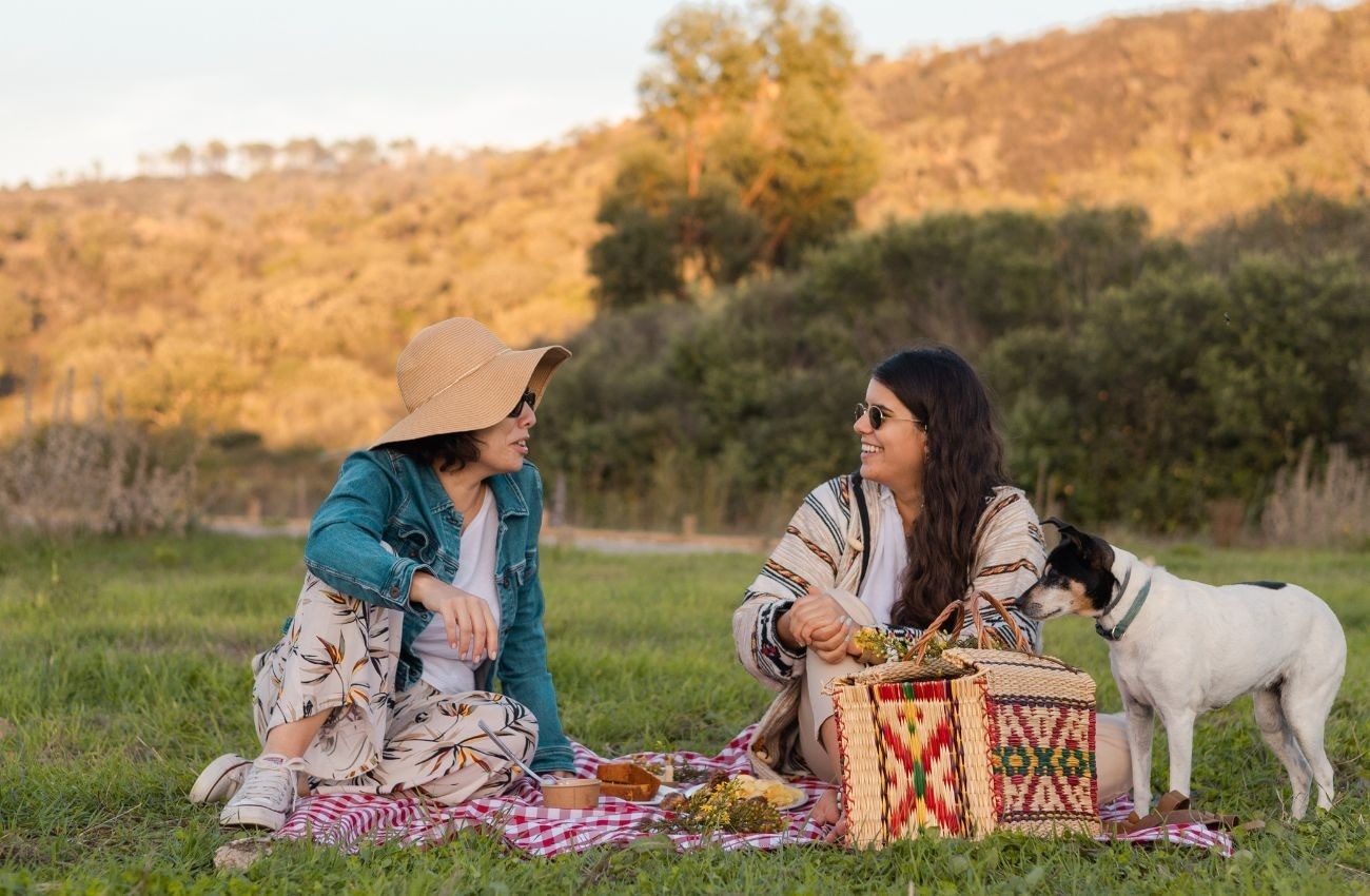 un picnic con una canasta de mimbre llena de comida