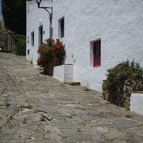 a white building with a red door sits on a cobblestone street