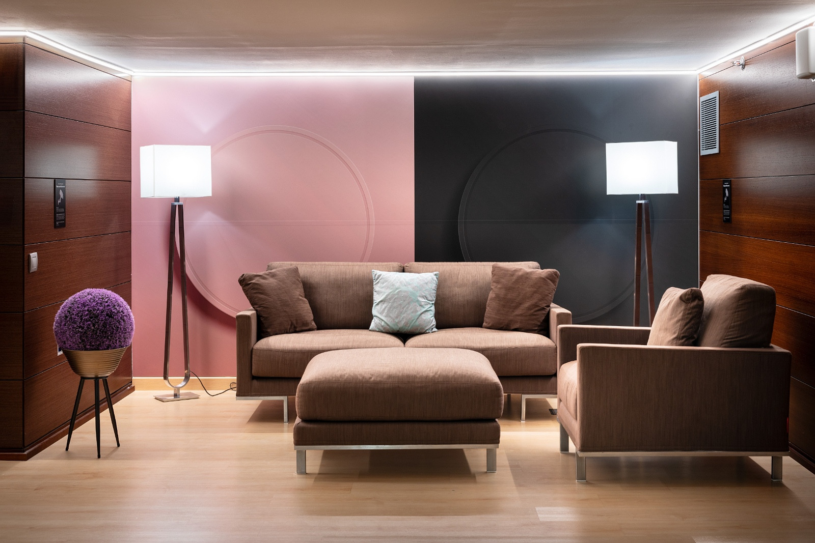 Salon d'Alexandre Corporativa : Canapé marron, fauteuil, pouf et lampe, murs rose et noir.