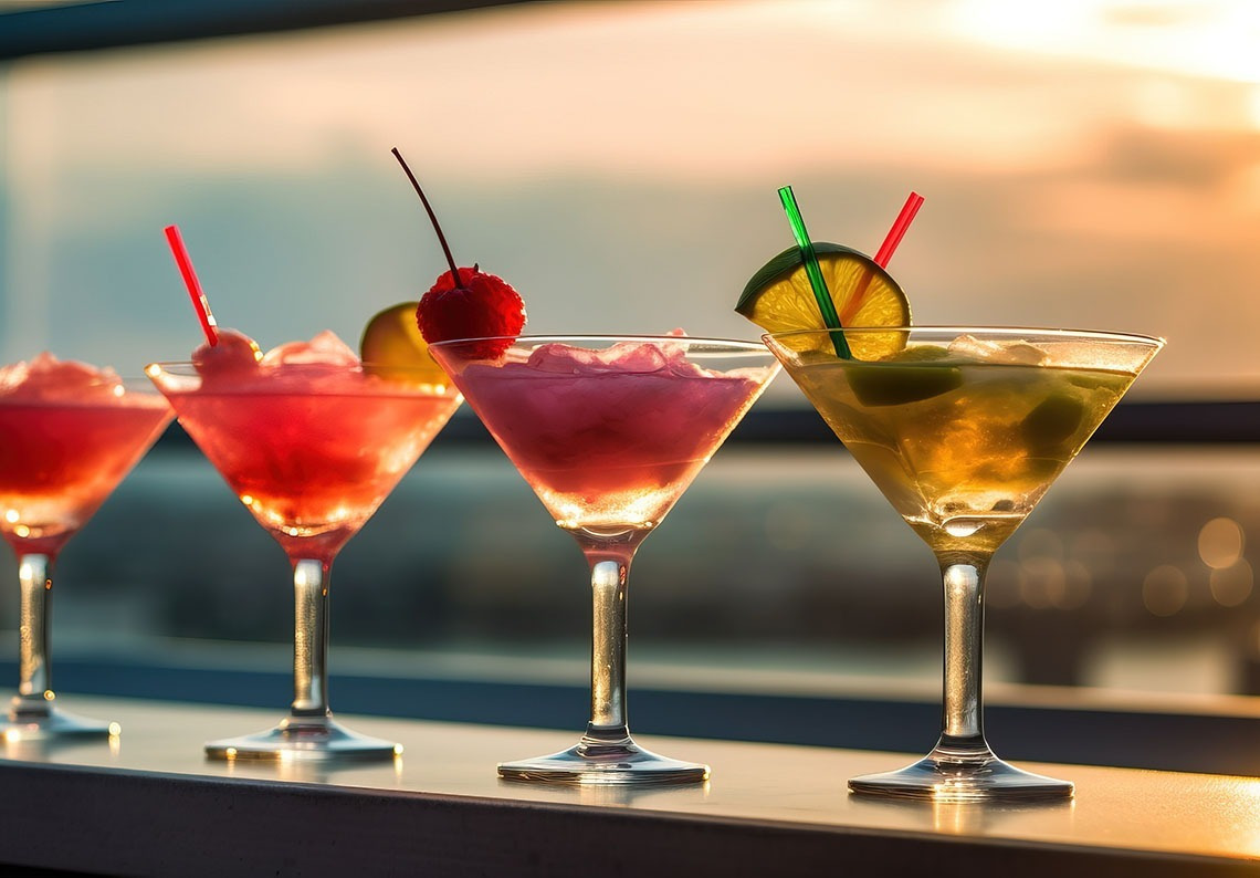 Cocktails colorés au coucher du soleil à l'hôtel Alexandre Corporativa, ambiance de bar relaxante et vue imprenable.