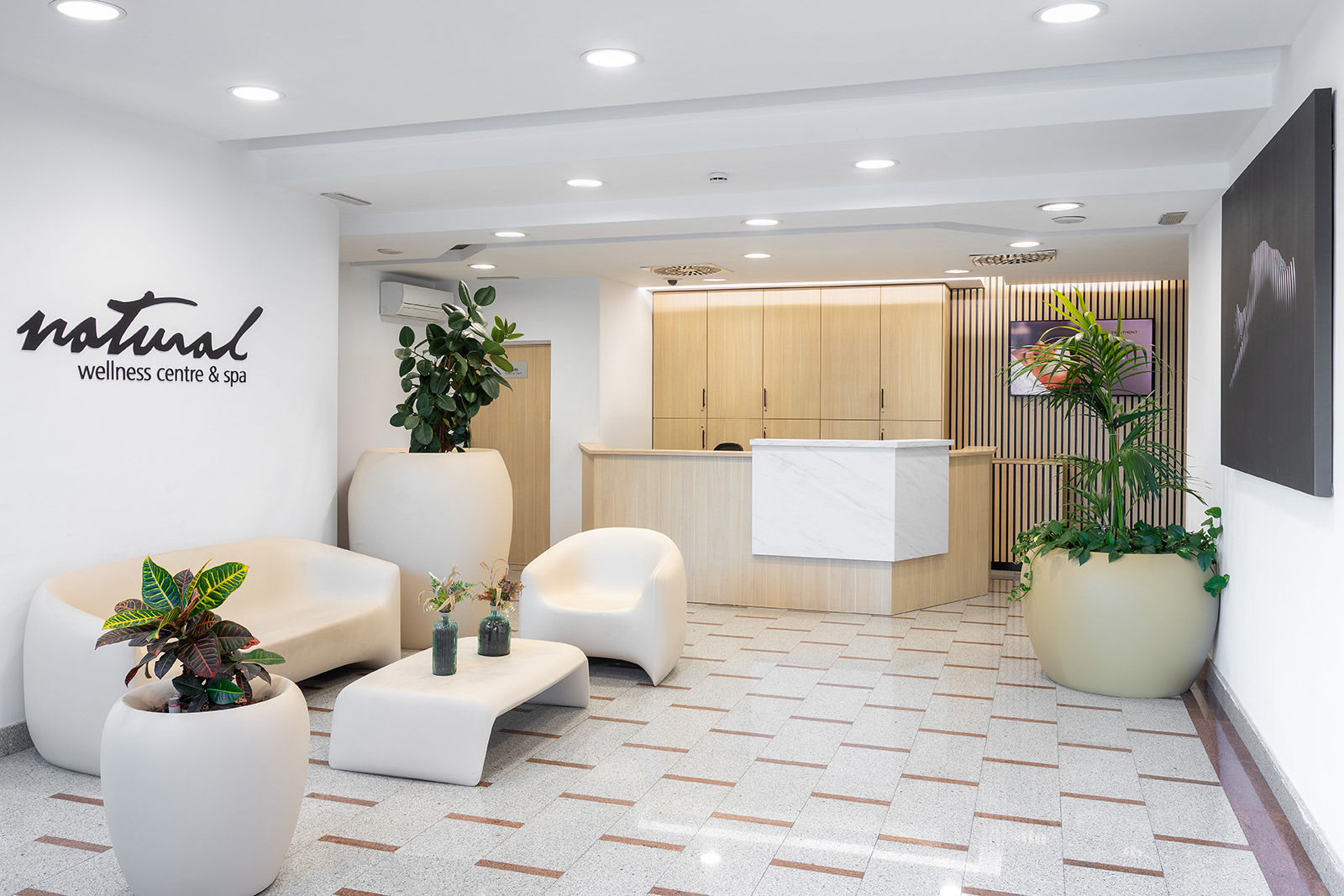Hall d'accueil spacieux, réception moderne et mobilier confortable au Natural Wellness Centre & Spa.