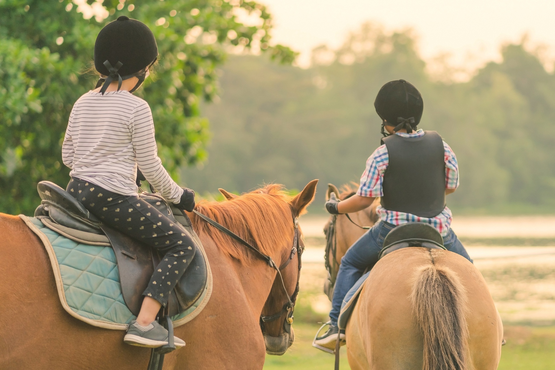 un niño y una niña montan a caballo en un campo