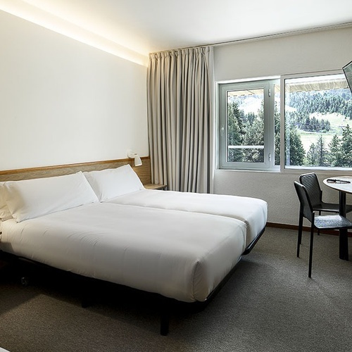 una habitación de hotel con dos camas y una televisión