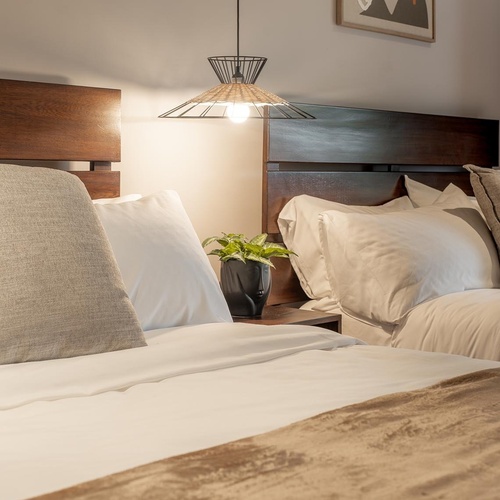 Un dormitorio moderno y acogedor se presenta con camas en tonos neutros, una distintiva lámpara colgante y detalles decorativos sutiles.