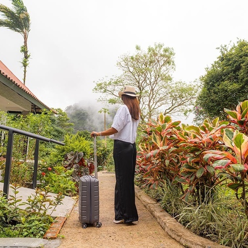 Una persona con sombrero y maleta se encuentra de espaldas en un sendero, admirando un exuberante paisaje montañoso y nublado junto a una casa y coloridas plantas tropicales.