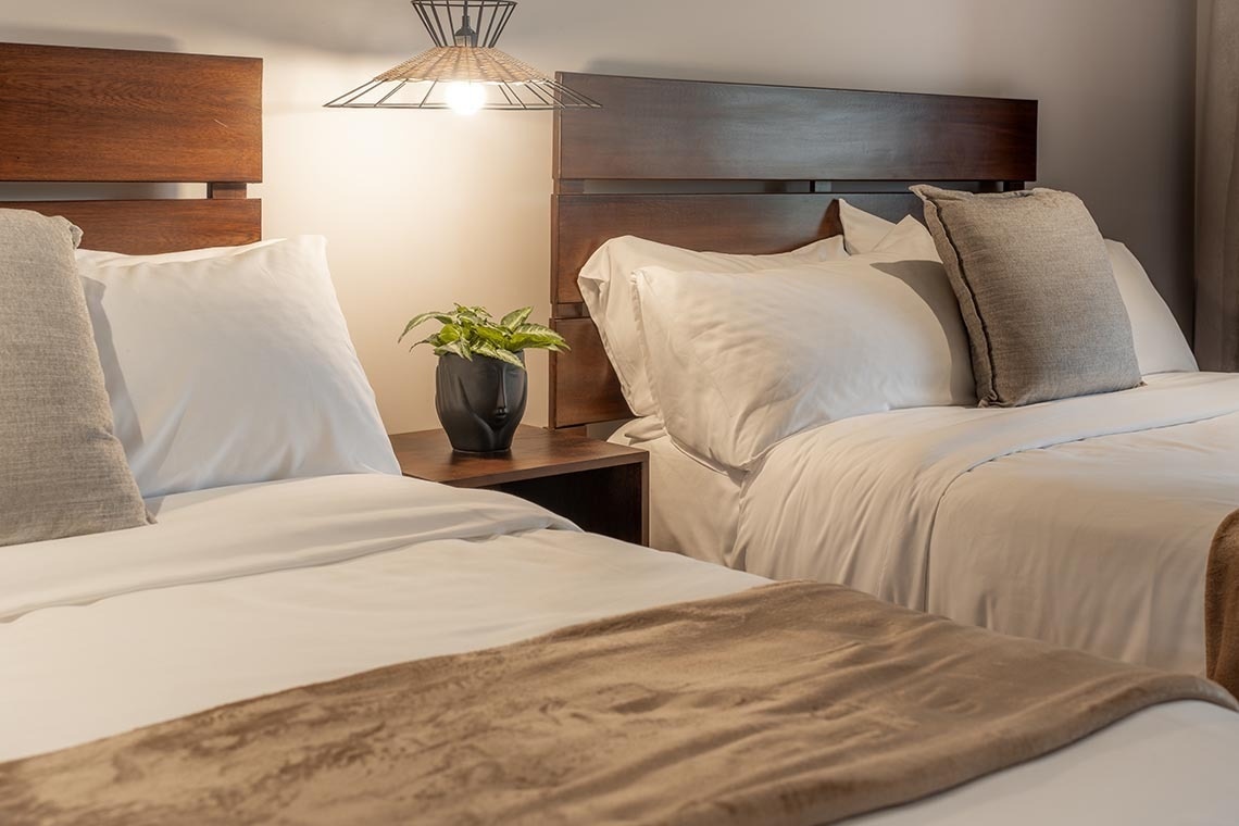 Una imagen de un dormitorio con dos camas con cabeceras de madera oscura, ropa de cama blanca y una mesita de noche con una planta y una lámpara colgante entre ellas.
