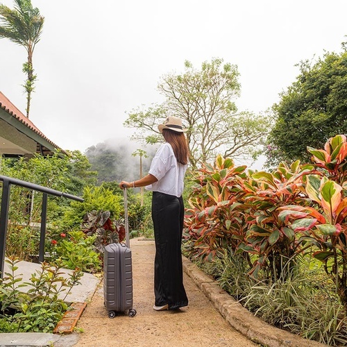 Una mujer con sombrero y maleta observa de espaldas un paisaje tropical brumoso con vegetación exuberante y un edificio.