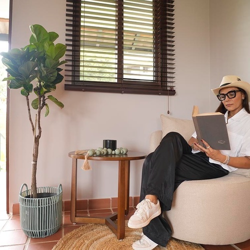 Una mujer con sombrero y gafas lee cómodamente un libro en un sillón, en un rincón de una habitación con una planta, una mesa y una ventana con persianas.