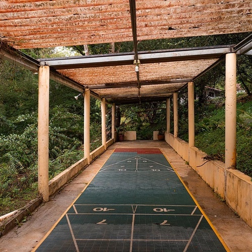 Una cancha de shuffleboard exterior cubierta por un tejado rústico se extiende a través de un denso entorno de vegetación tropical.