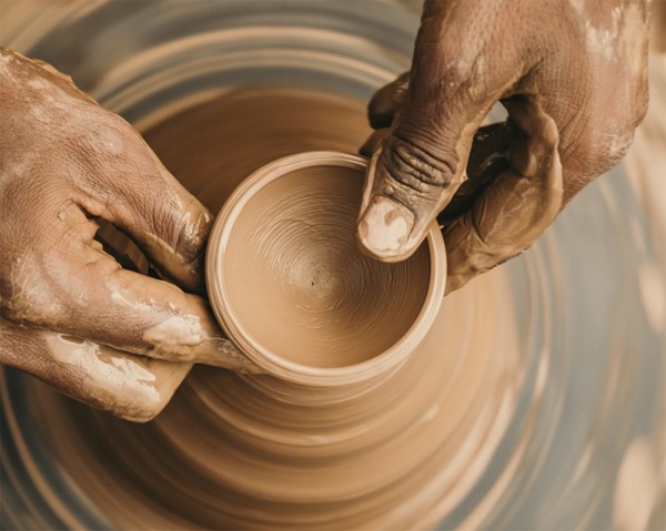 Mãos moldando cerâmica em um torno, uma obra de arte AndTales.