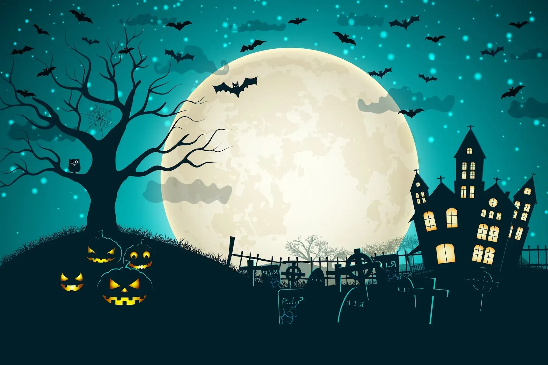 Angela's Haunted Hotel: Full moon, ghosts, and spooky jack-o'-lanterns.