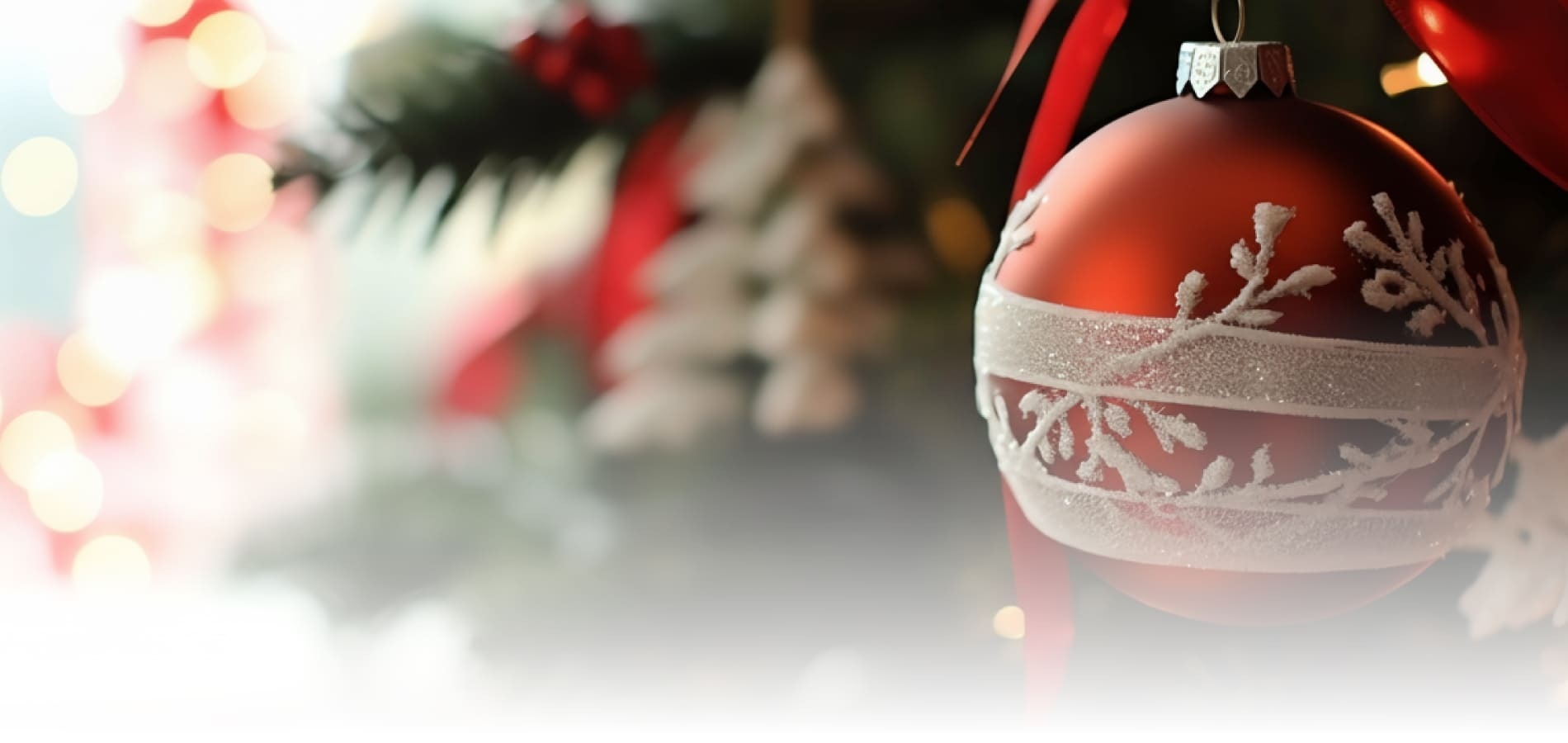 una mesa larga con copas de vino y un árbol de navidad
