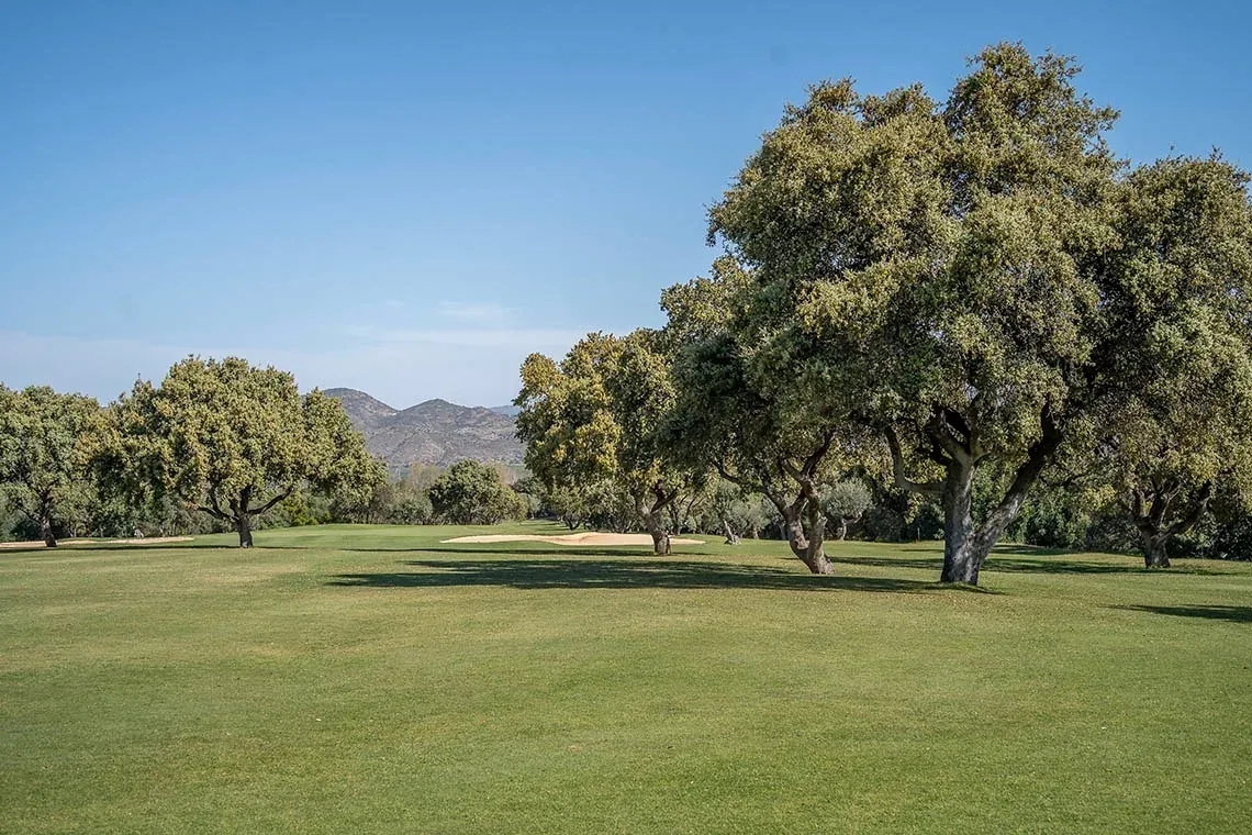 Campo de golf en Hotel Angela con robles y montañas.