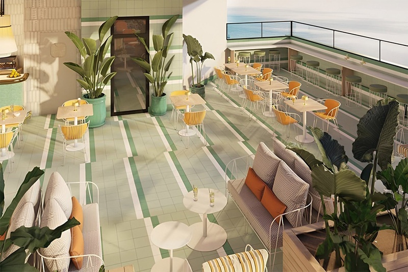 une vue aérienne d' un restaurant avec des tables et des chaises