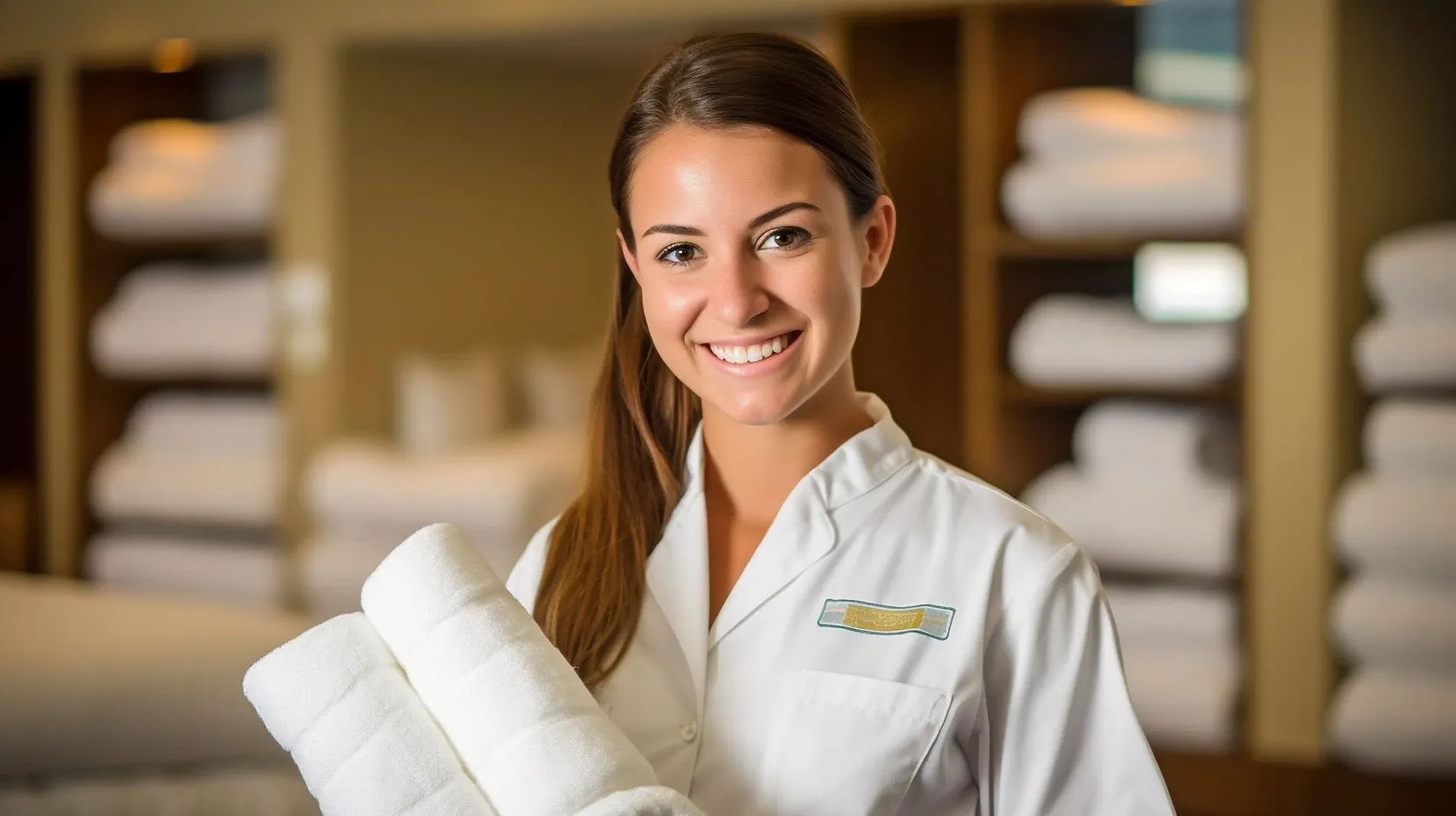 Meet our team: Hotel Angela's friendly housekeeper with fresh towels.