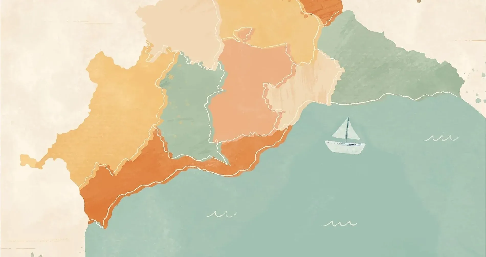 Mapa ilustrado con hotel, barco y Costa del Sol. Localización Hotel Ángela en Fuengirola.