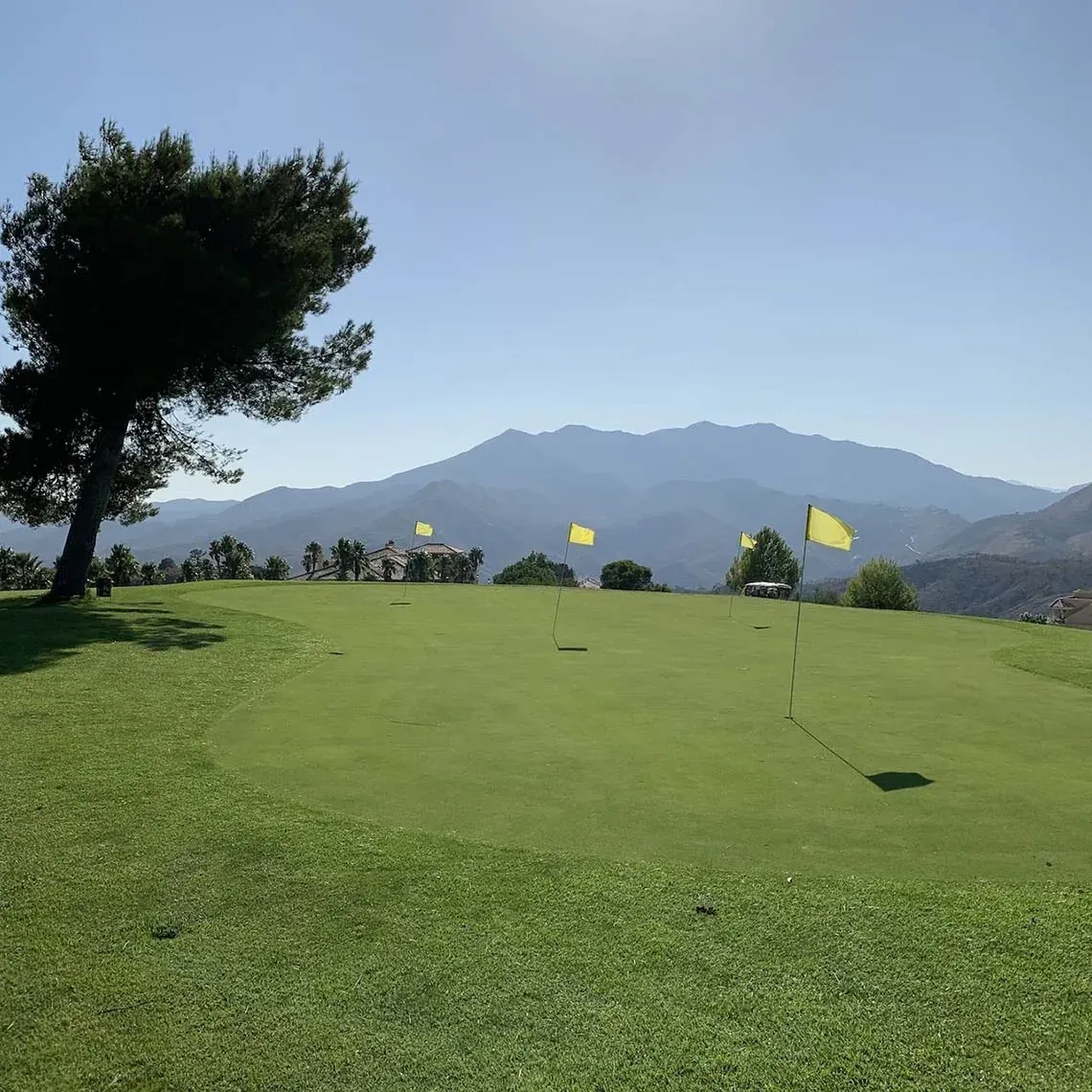 Campo de golf Angela con montañas, banderas y un árbol en un día soleado.