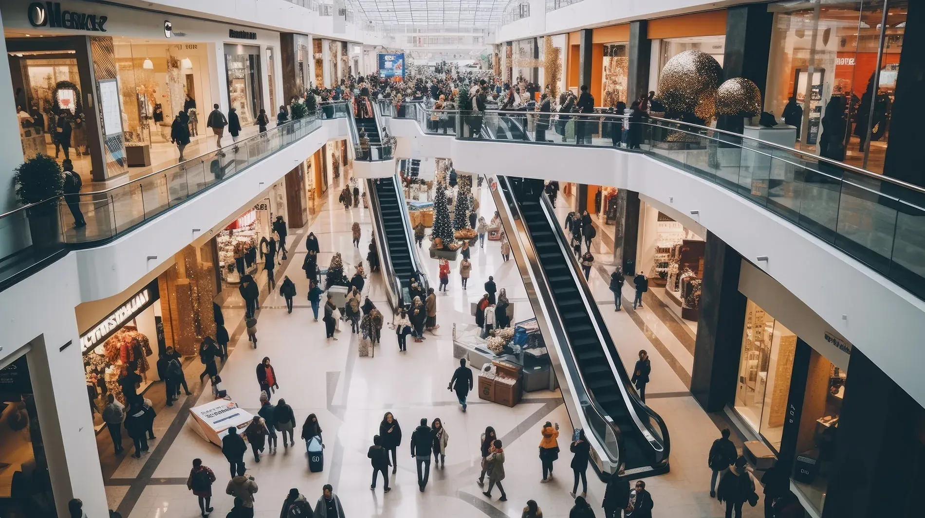 Intérieur de centre commercial animé avec des escalators, des boutiques et des décorations de Noël, parfait pour le shopping à Fuengirola : Ventes | Blogue | Hôtel Ángela.