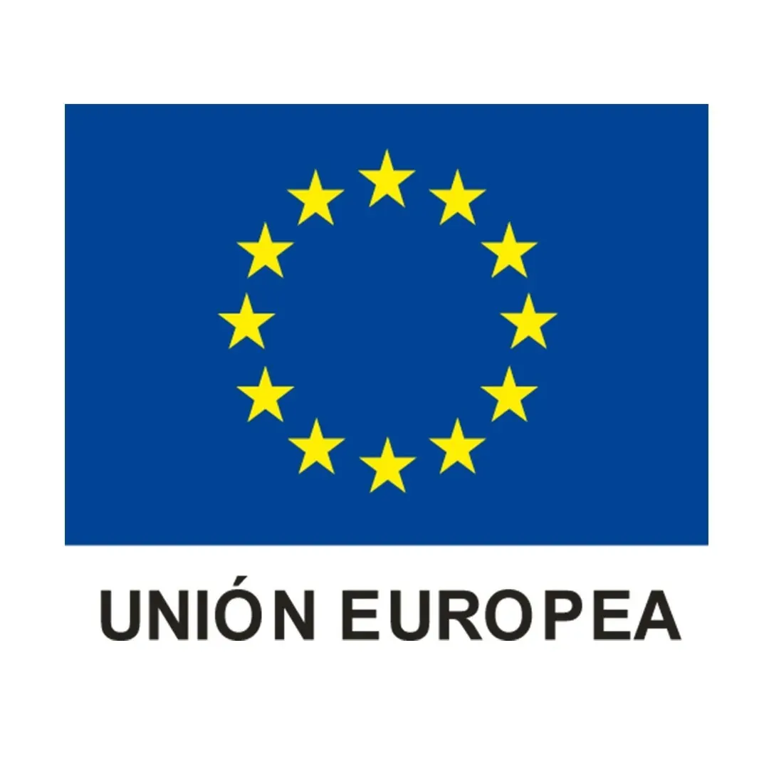 Bandera de la Unión Europea, 'Unión Europea' escrito debajo. Angela.