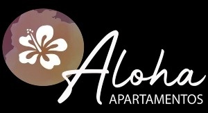 a logo for aloha apartamentos with a flower in the middle
