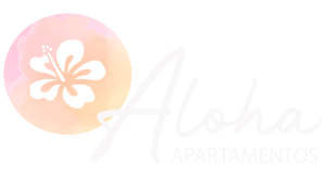 a logo for aloha apartamentos with a flower in the center
