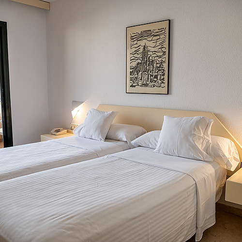 Habitación de hotel con dos camas,AR: Almerimar vistas al balcón y cuadro decorativo.