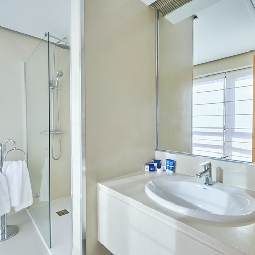 a bathroom with a sink a mirror and a towel rack