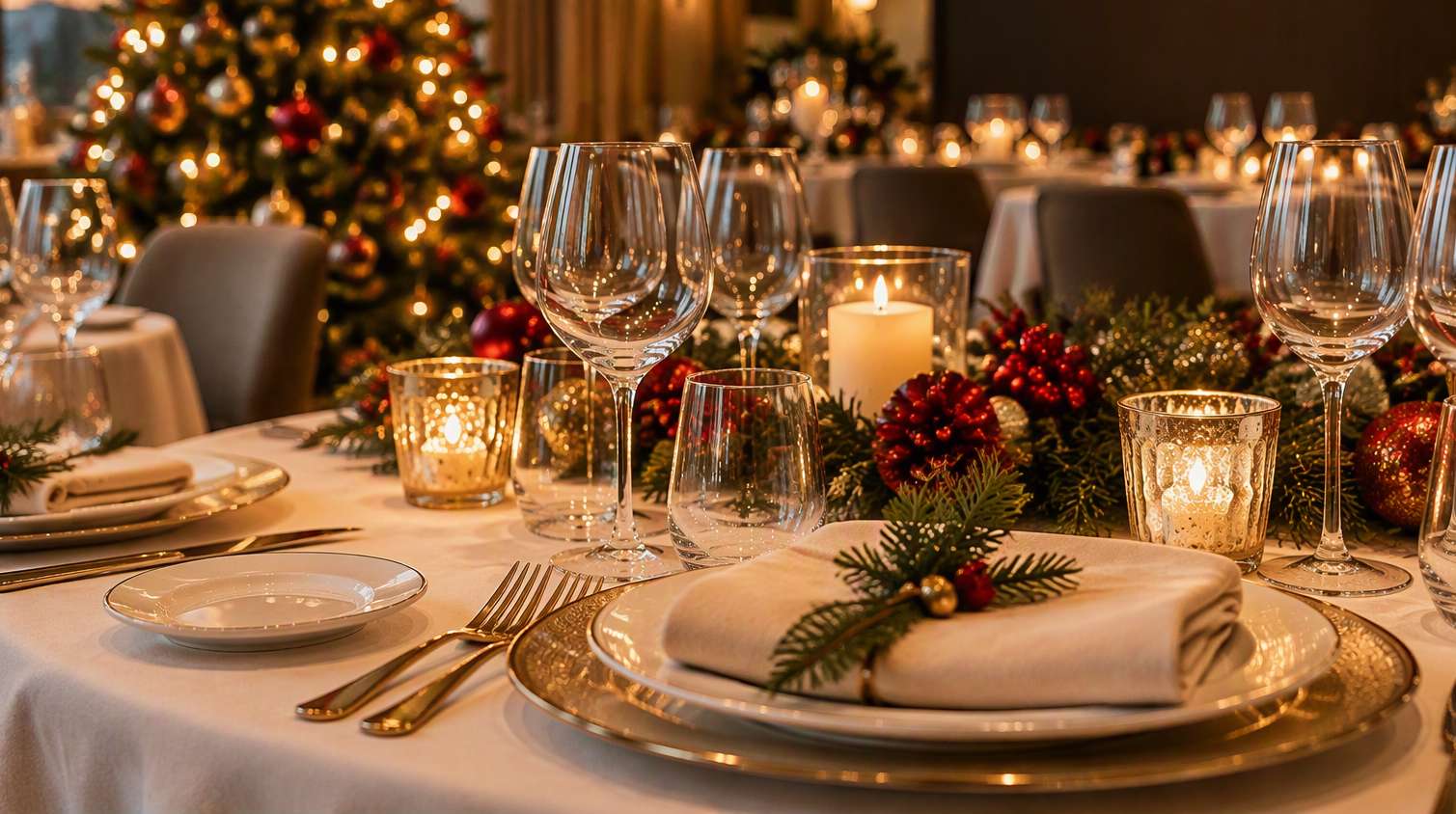 Arcos romantic dinner table with wine glasses and sparkling lights.