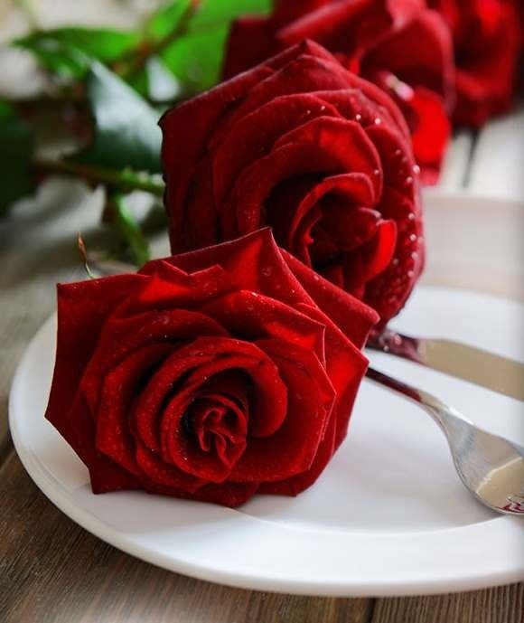 two red roses on a white plate with a fork