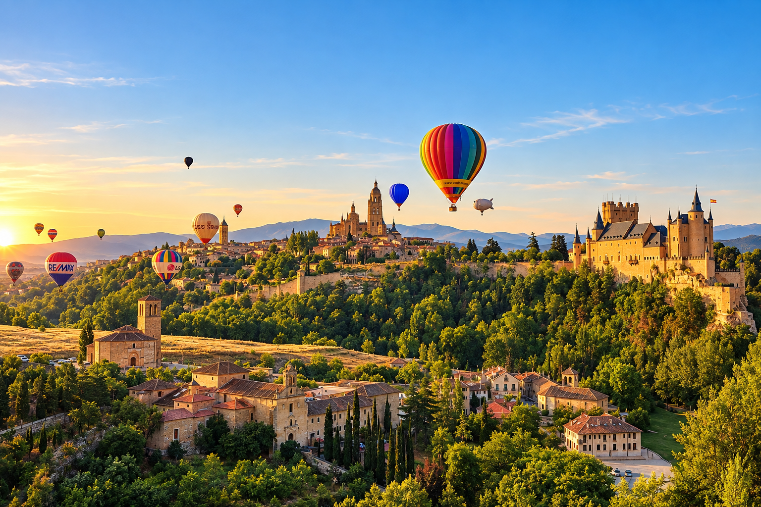 Vista aérea de Segovia con Alcázar y globo, ideal para viajes corporativos. AR: Corporativa.