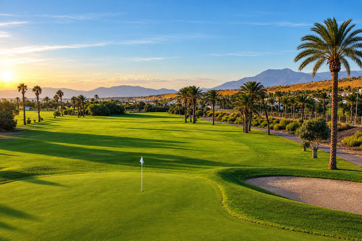 Hombre jugando al golf en el campo al atardecer. Pelota cerca del hoyo. AR: Corporativa.
