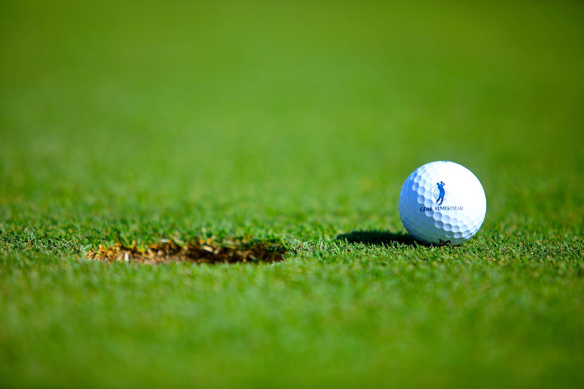 una pelota de golf se sienta en la hierba cerca de un agujero