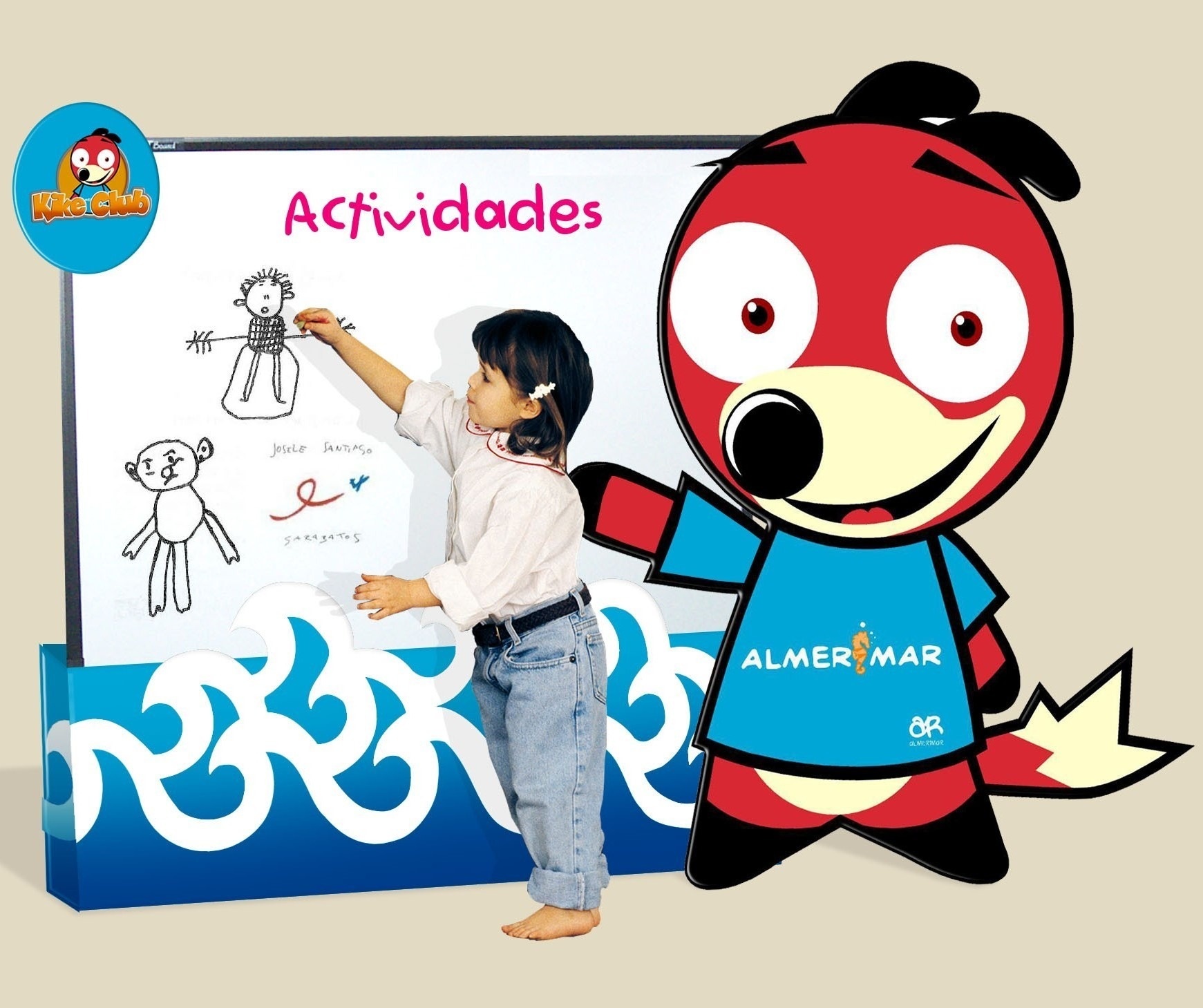 a little girl draws on a white board with the word actividades on it