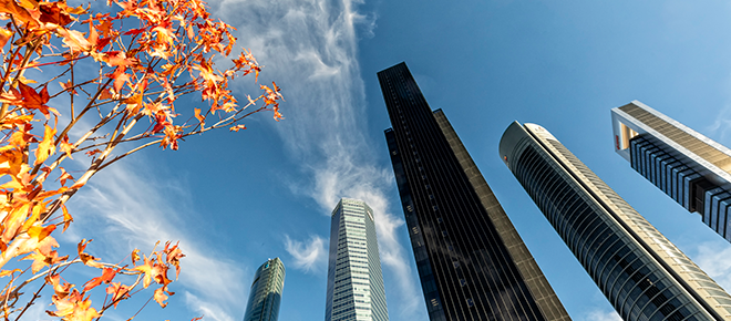 a busy city street with a large building in the background at sunset .