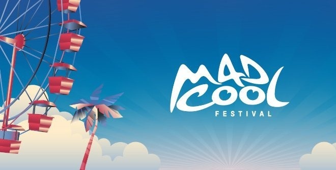 un cartel para un festival de música con un edificio y palmeras .
